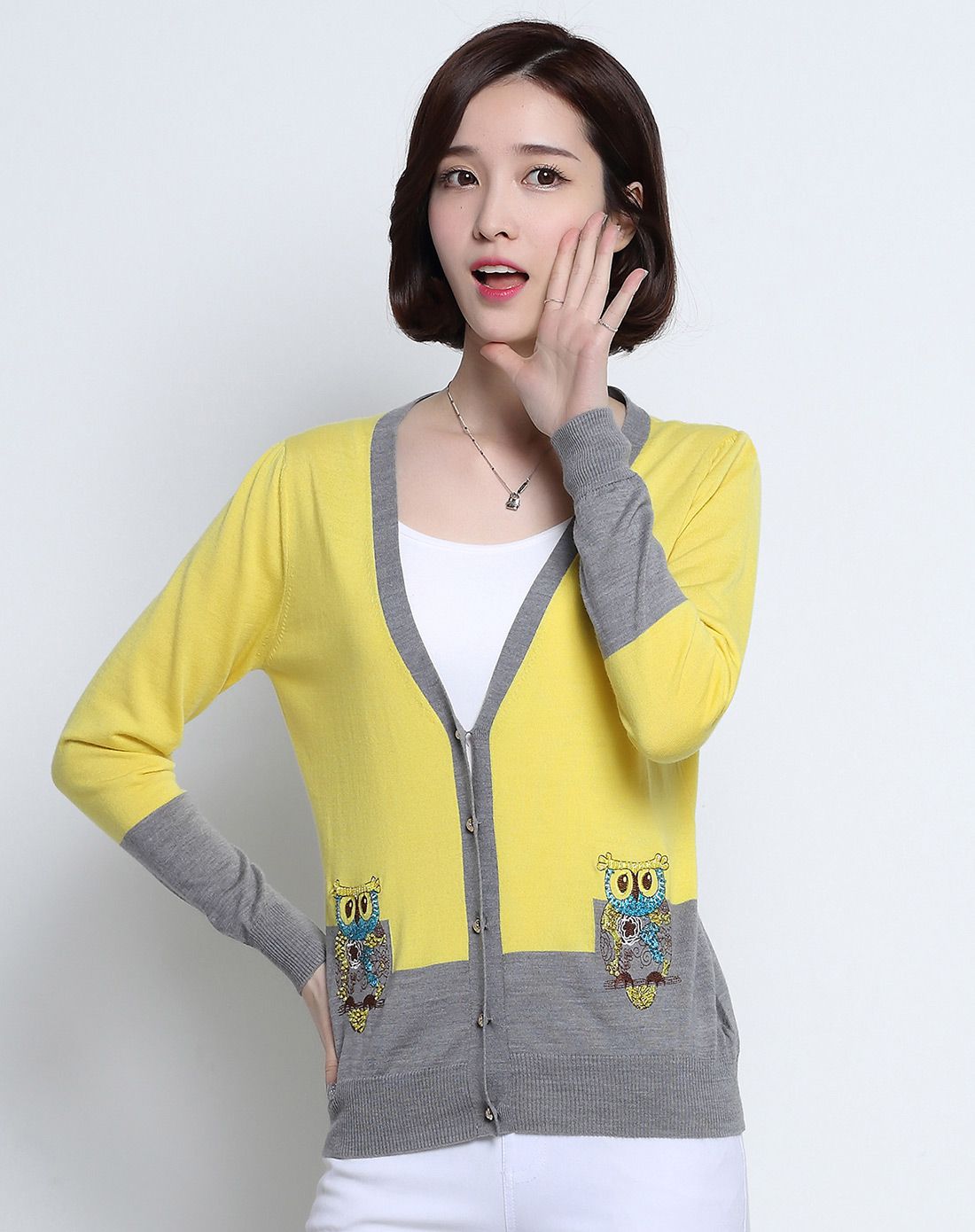 黄/灰色个性别致长袖开襟针织衫