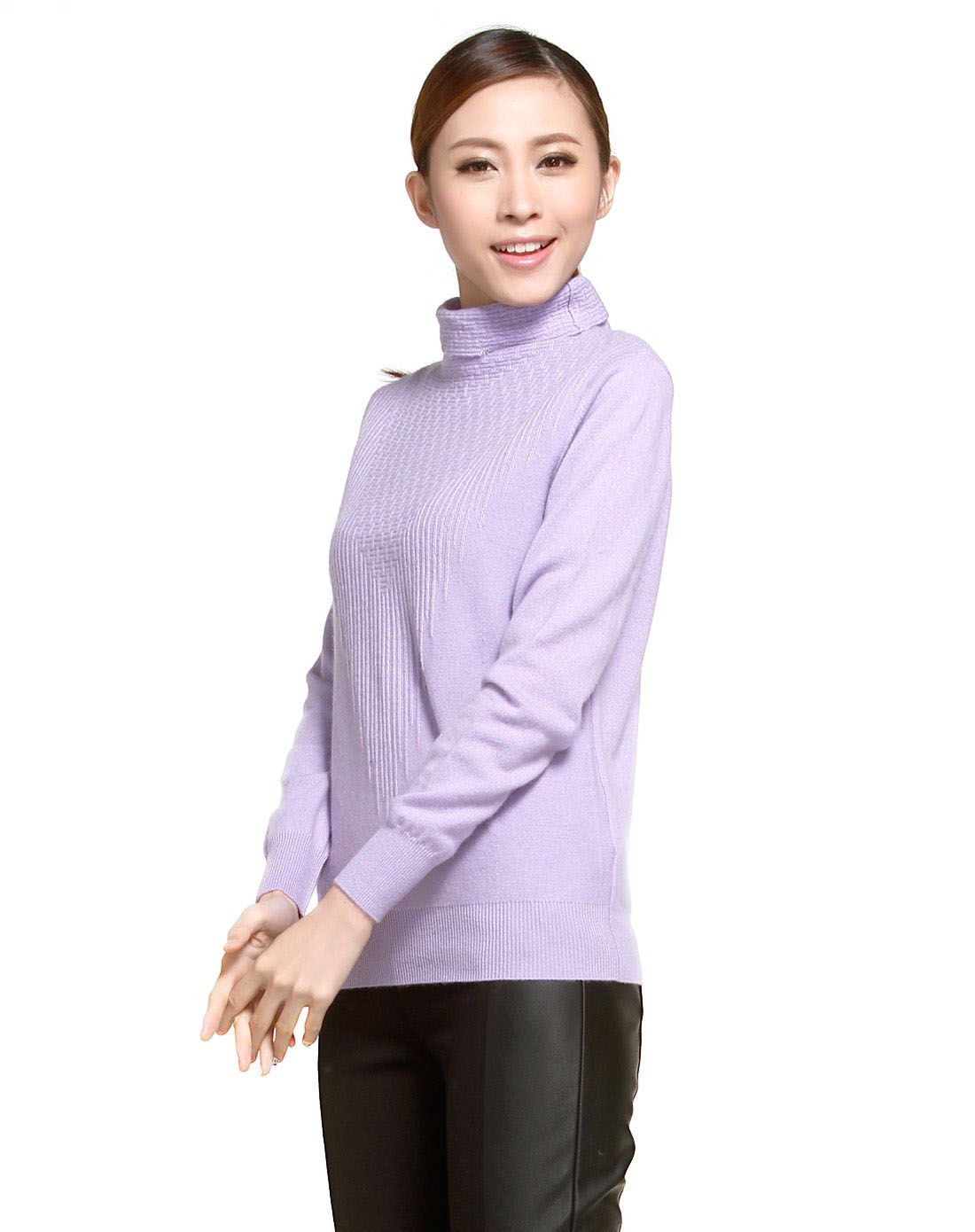 女款浅雪青纯羊绒高领套衫