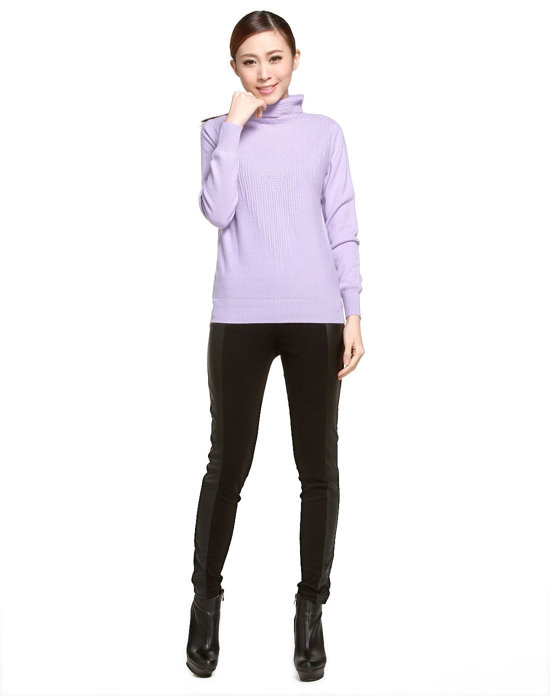 女款浅雪青纯羊绒高领套衫