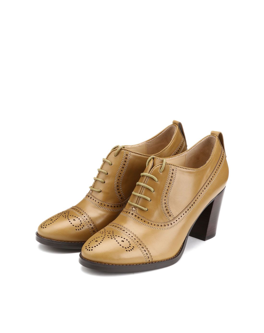 哥弟girdear浅棕色复古花纹绑带粗跟皮鞋