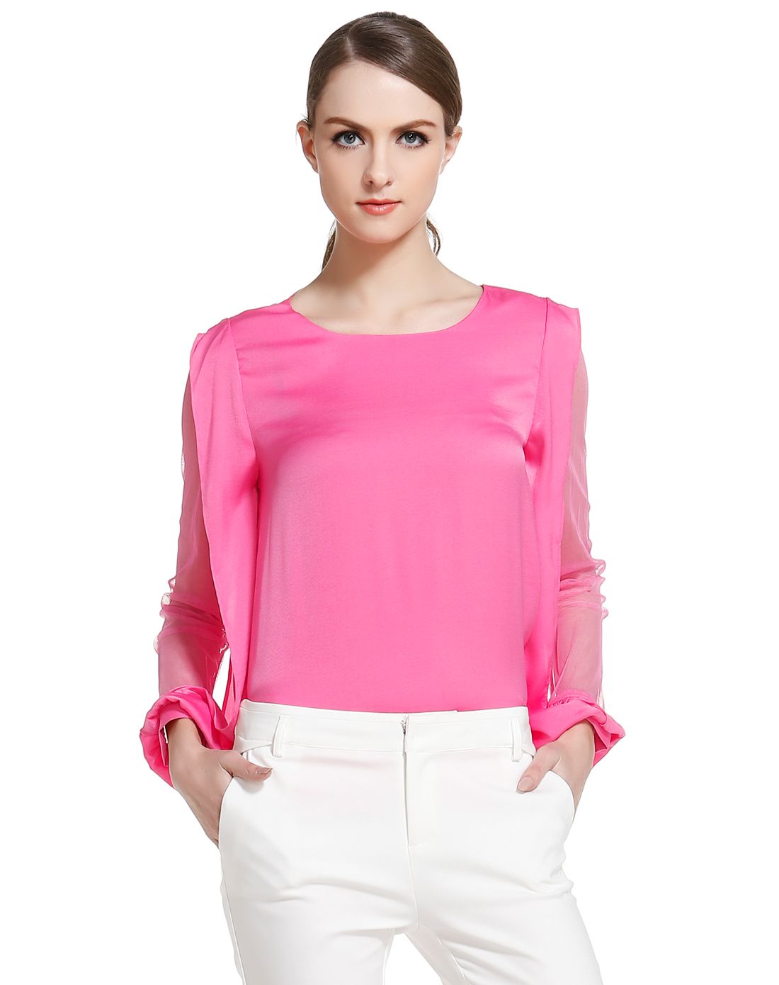 桃红色淑女俏丽长袖上衣