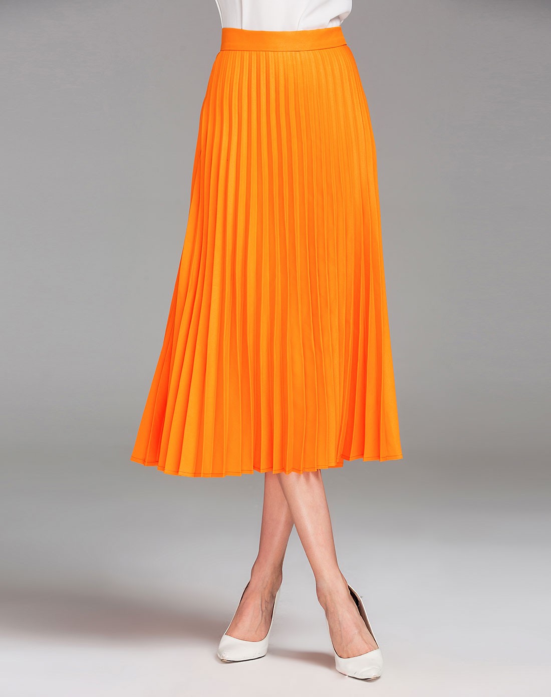 (特惠)橙色百褶精致修身百搭半裙