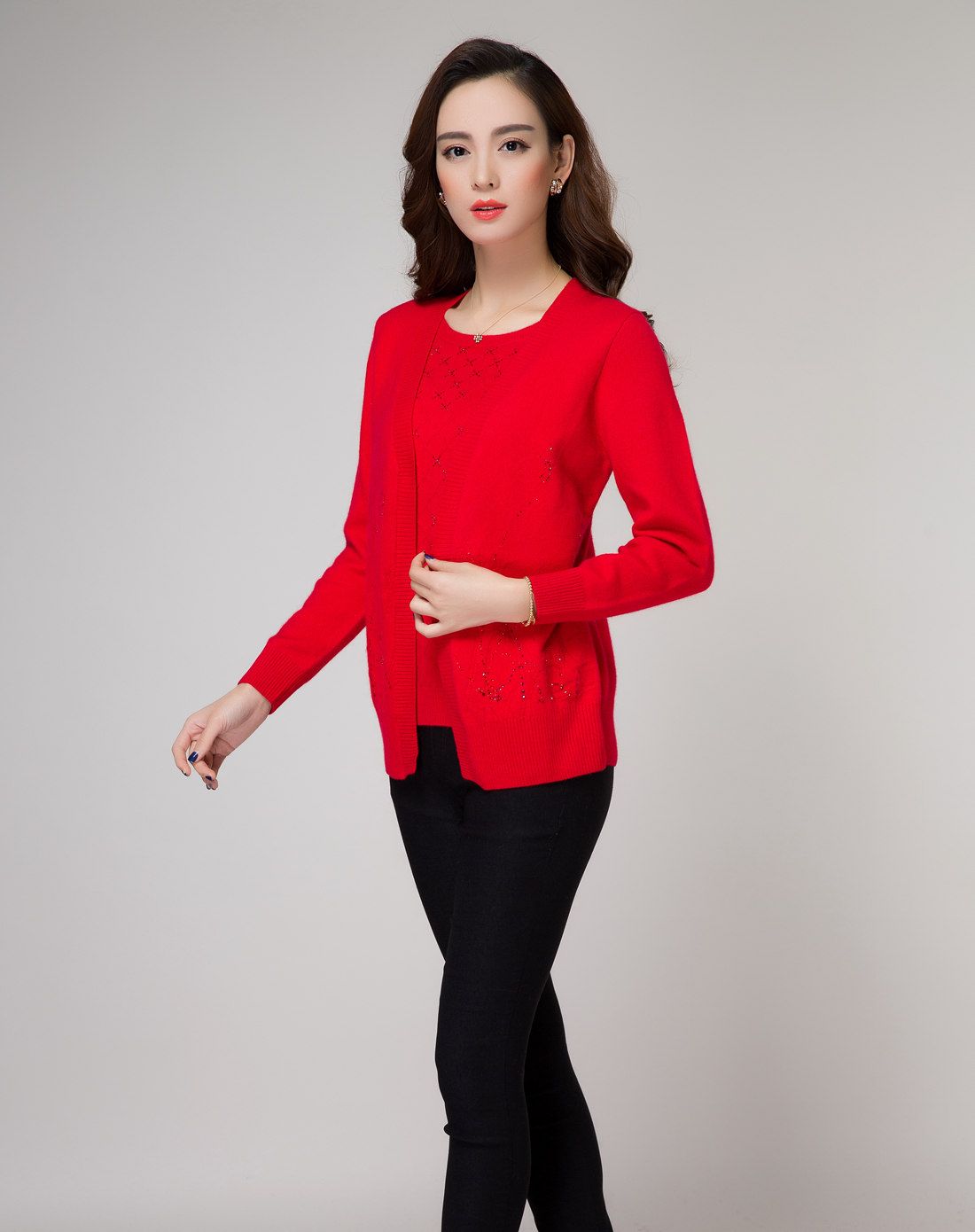 女款大红色长袖假两件纯羊绒衫