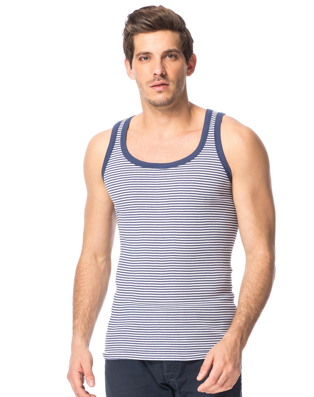 男款蓝白条舒肤棉横条灯芯背心