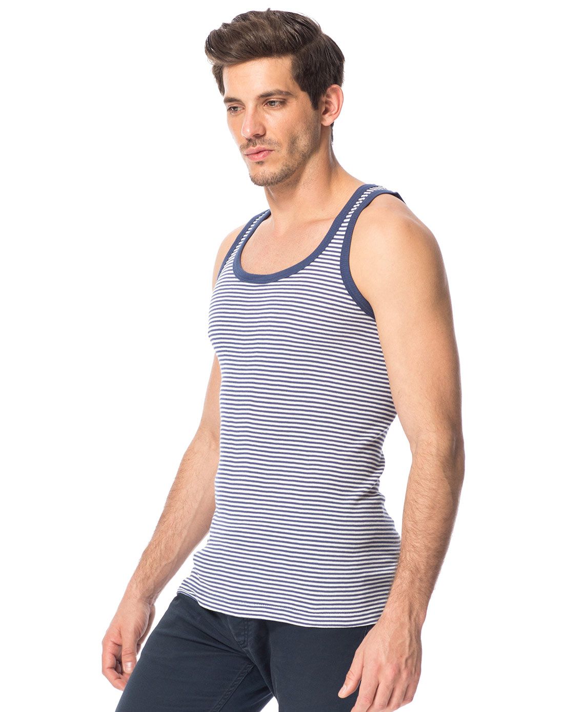 男款蓝白条舒肤棉横条灯芯背心