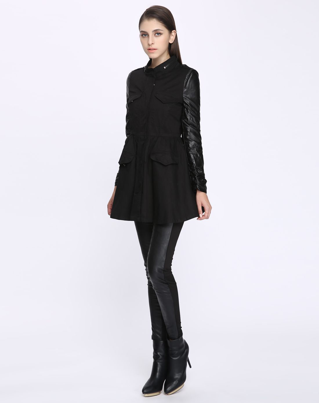 黑色x型风衣版型皮质褶皱袖棉衣