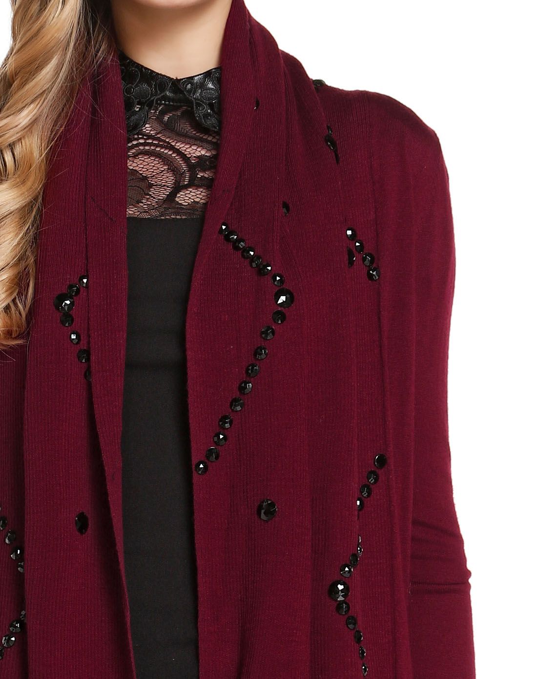 酒红色复古手工钉珠宽松开襟长款针织衫