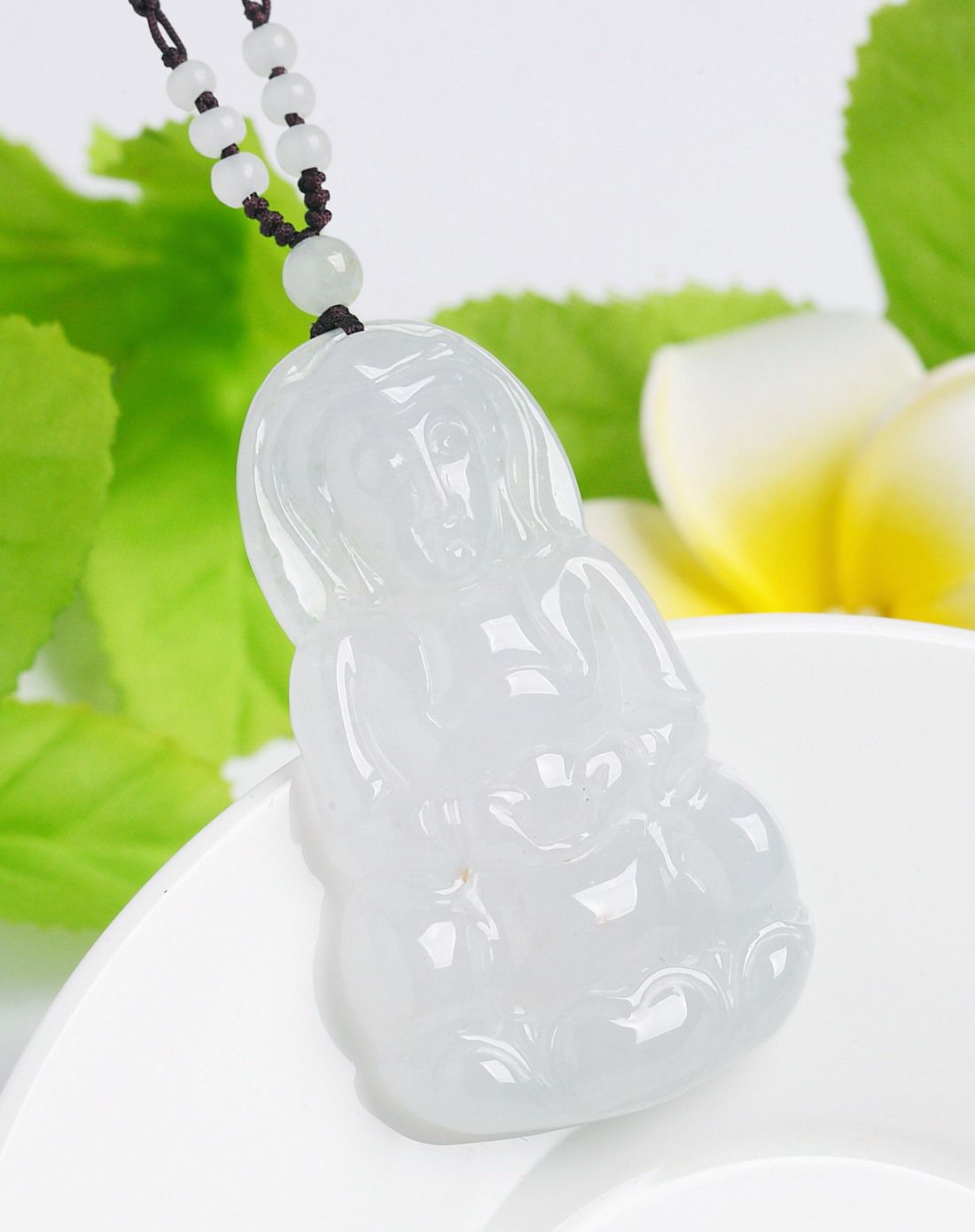 royal gem 天然a货冰糯种翡翠保平观音吊坠(绳编赠链)