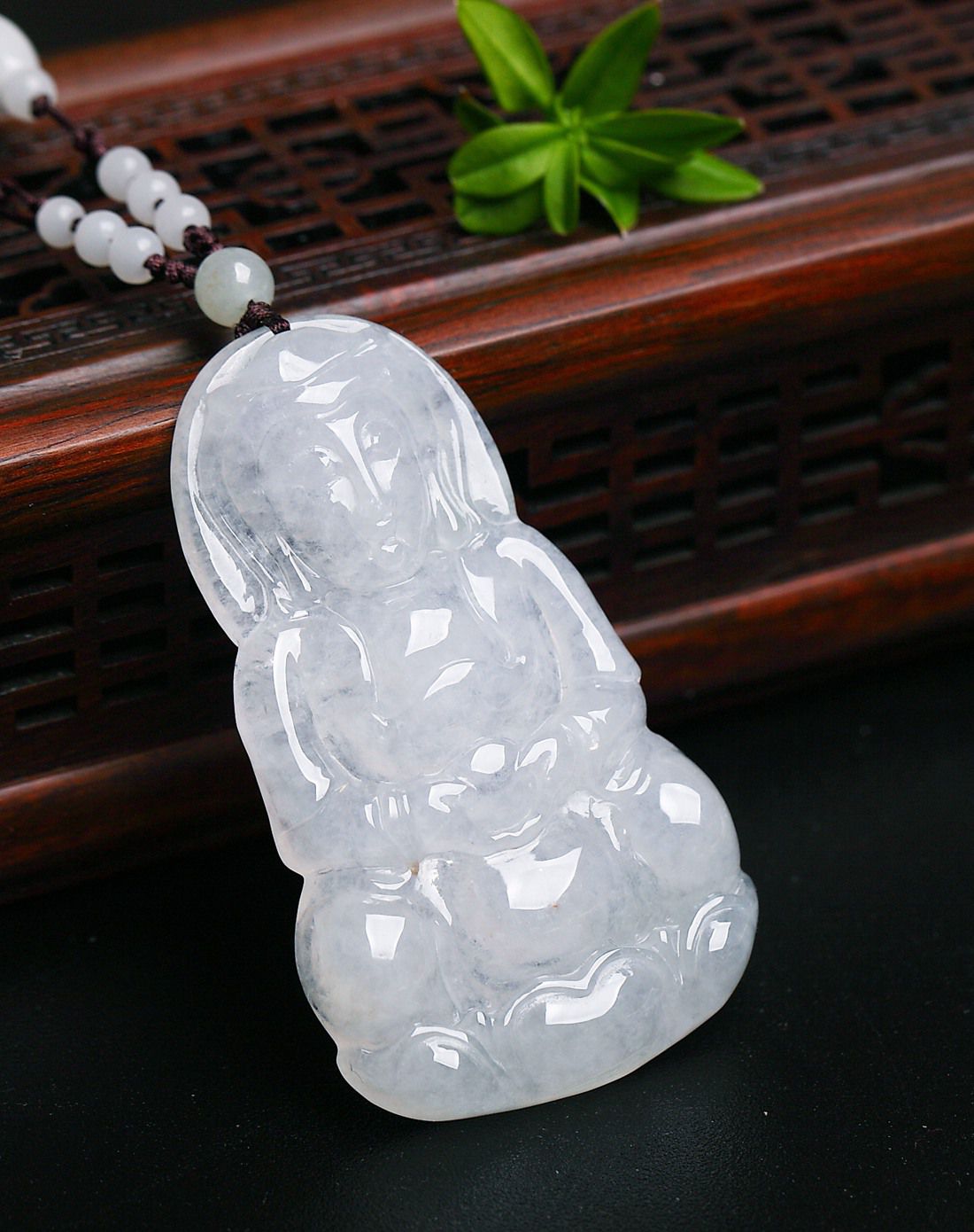 royal gem 天然a货冰糯种翡翠保平观音吊坠(绳编赠链)