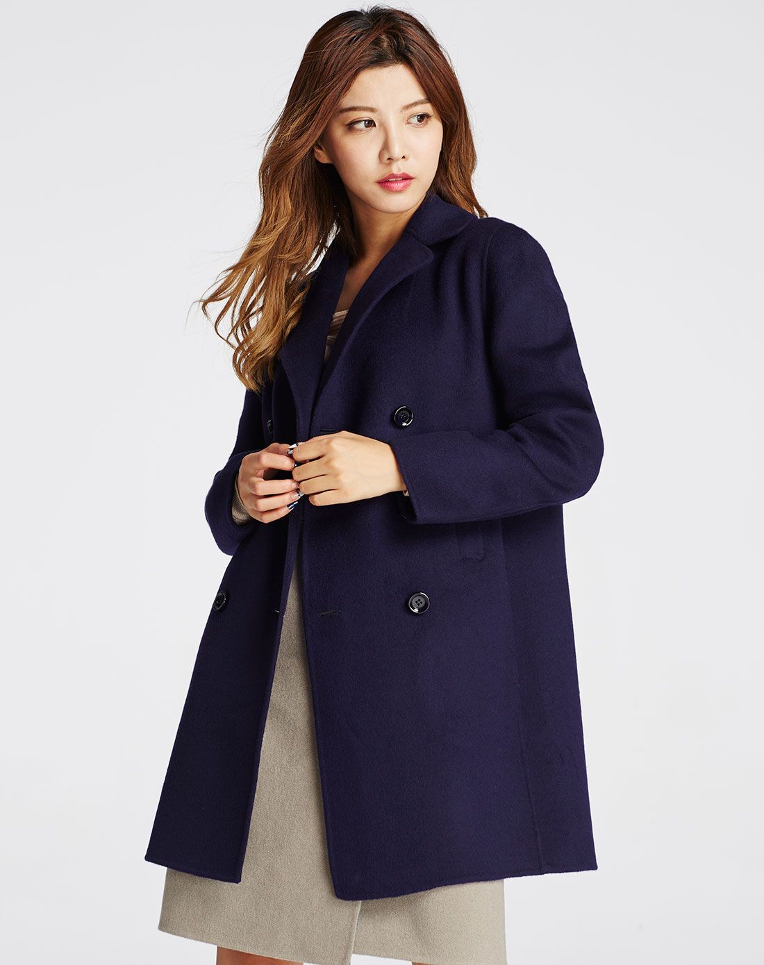 女式藏青色羊绒大衣