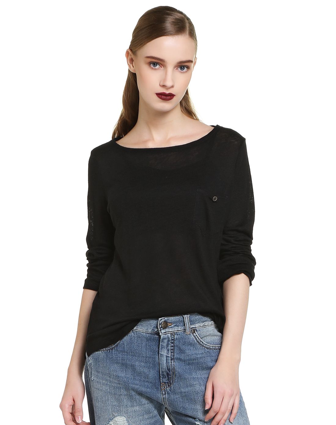 sisley女款黑色基础百搭口袋长袖针织衫