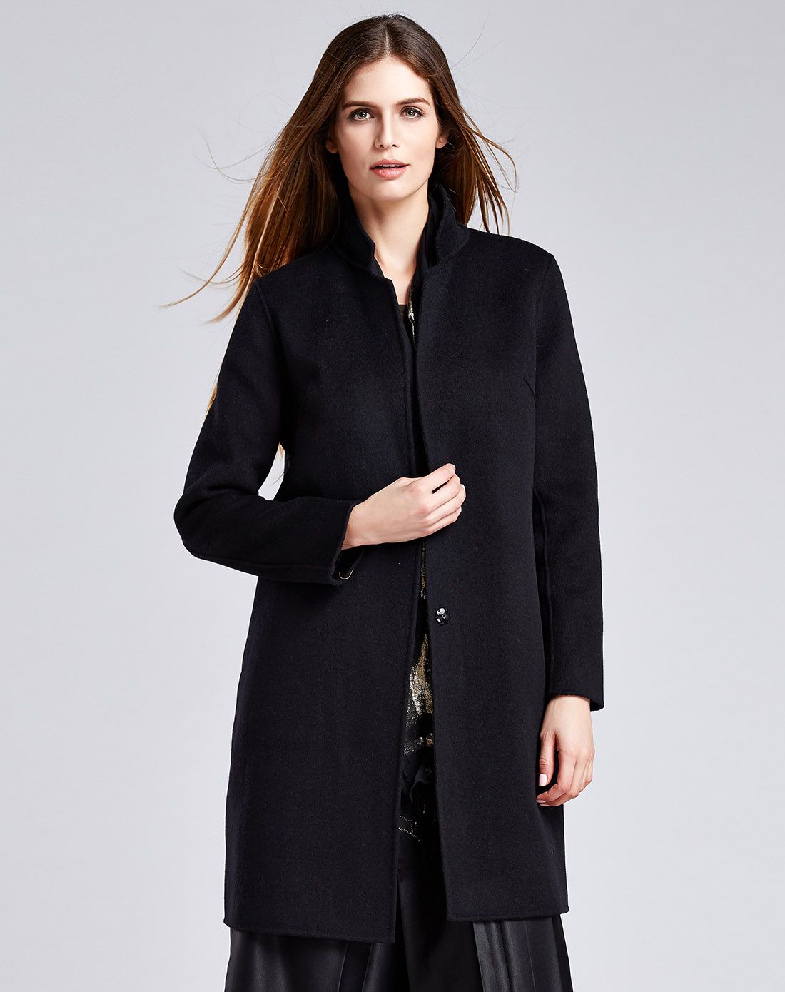 女款黑色双面呢大衣