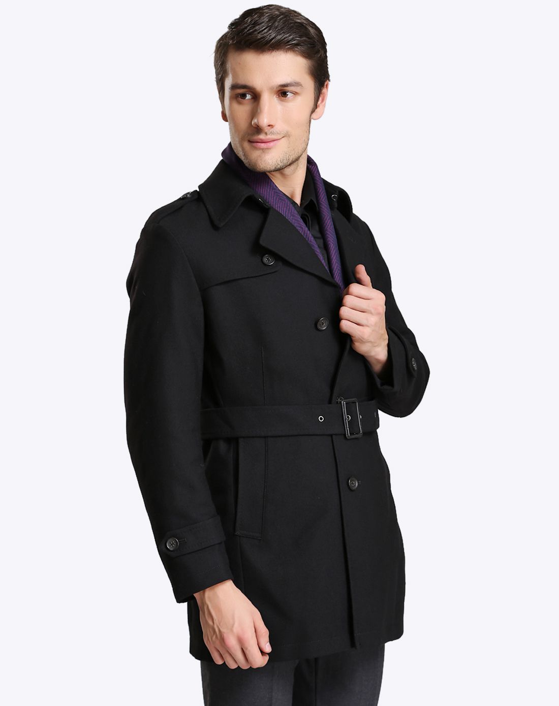 黑色全羊毛直贡呢经典时尚大衣