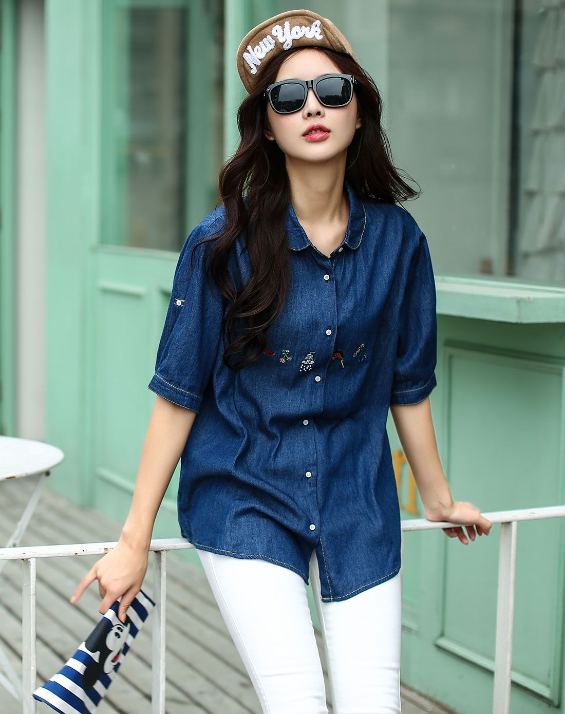 蓝色 女款时尚牛仔衬衫