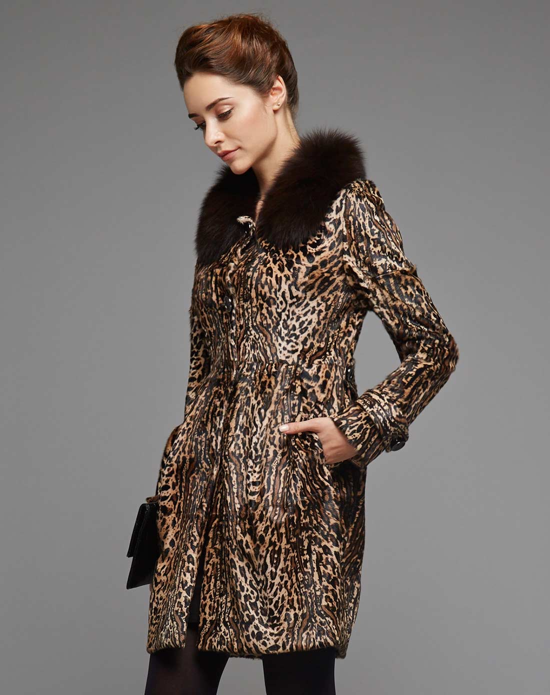 棕色豹纹狐狸毛领猾子皮外套