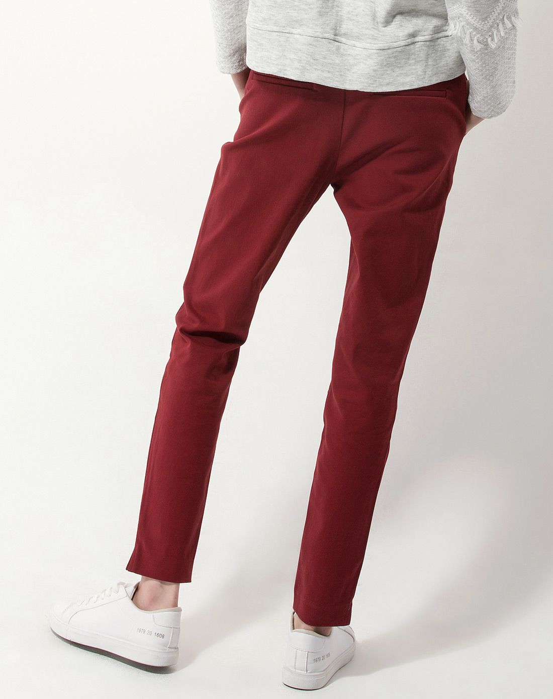 枣红纯色棉质紧身萝卜裤