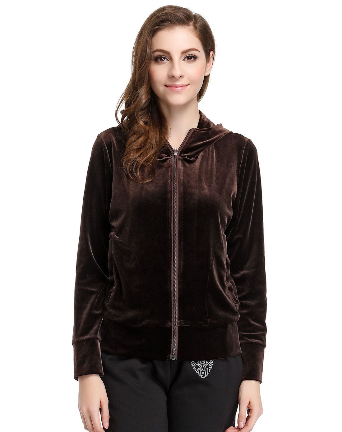 aimer sports女款深咖啡色连帽开襟长袖运动上衣