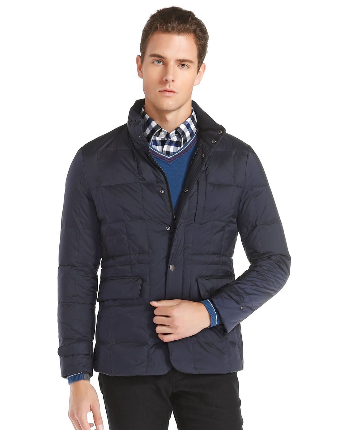 卡尔丹顿深蓝色时尚简洁百搭长袖羽绒服