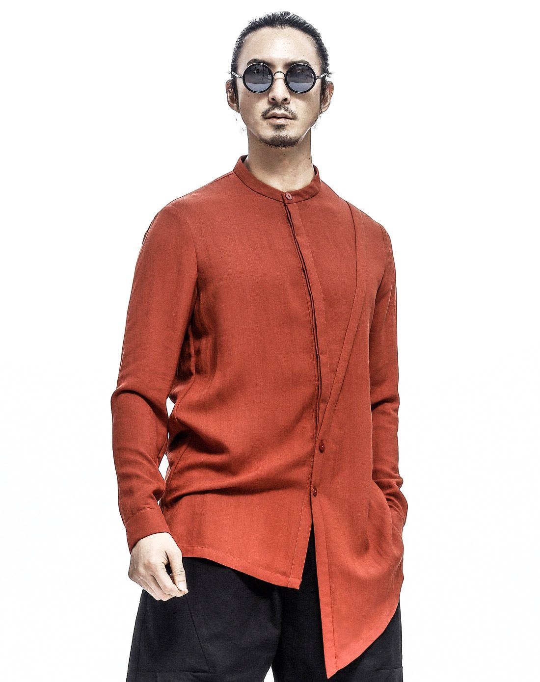 朱砂红不对称设计个性潮流长袖衬衫