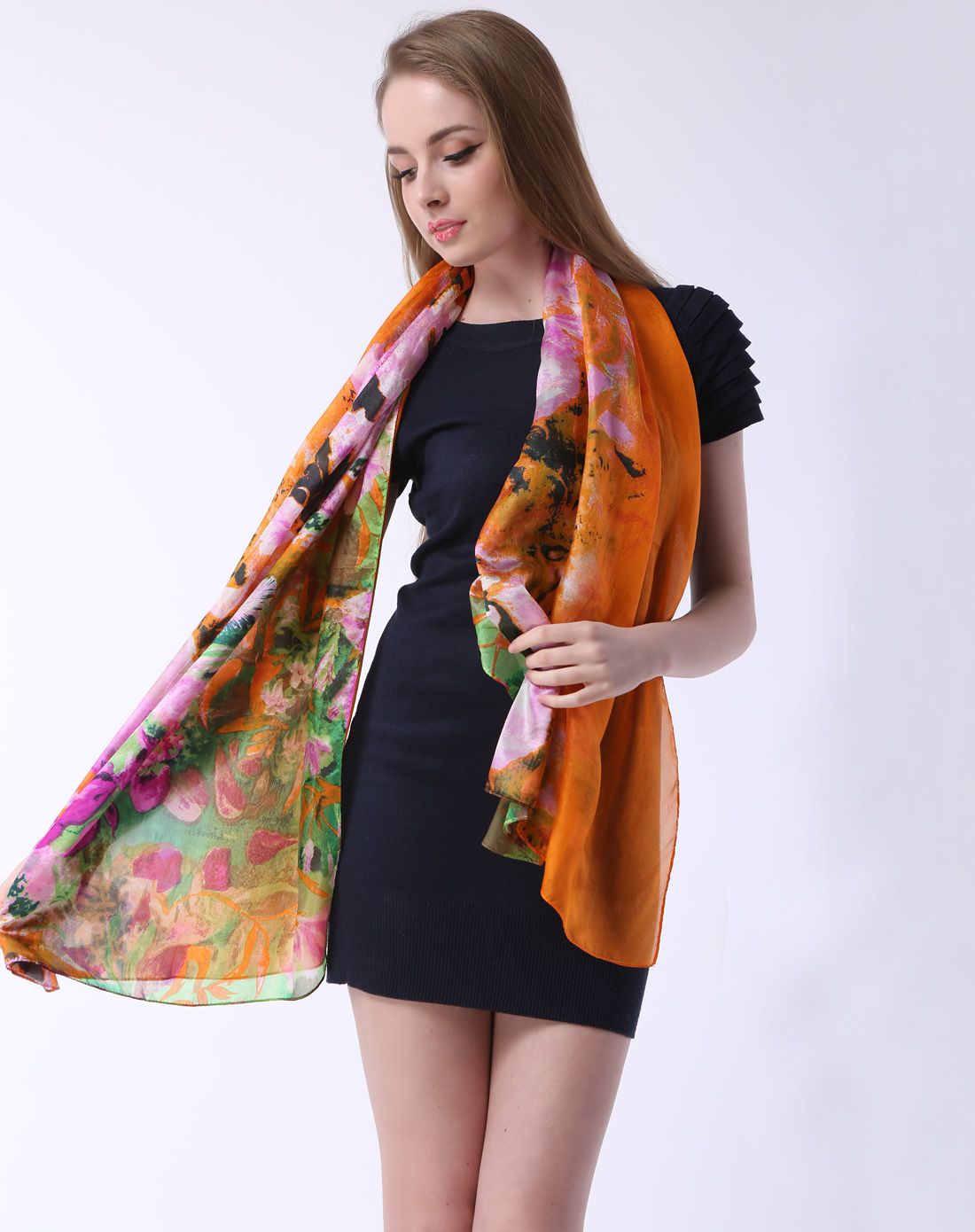 美帜围巾专场新款100%桑蚕丝大丝巾 珊瑚花(橘彩)2424_唯品会