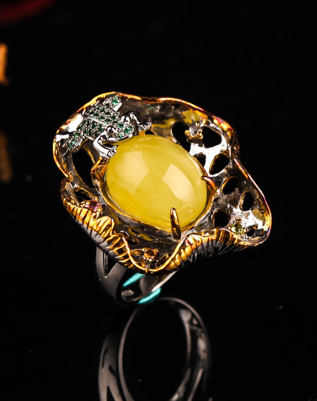 穗南 琥珀 925银镶 青蛙荷叶款 蜜蜡 戒指