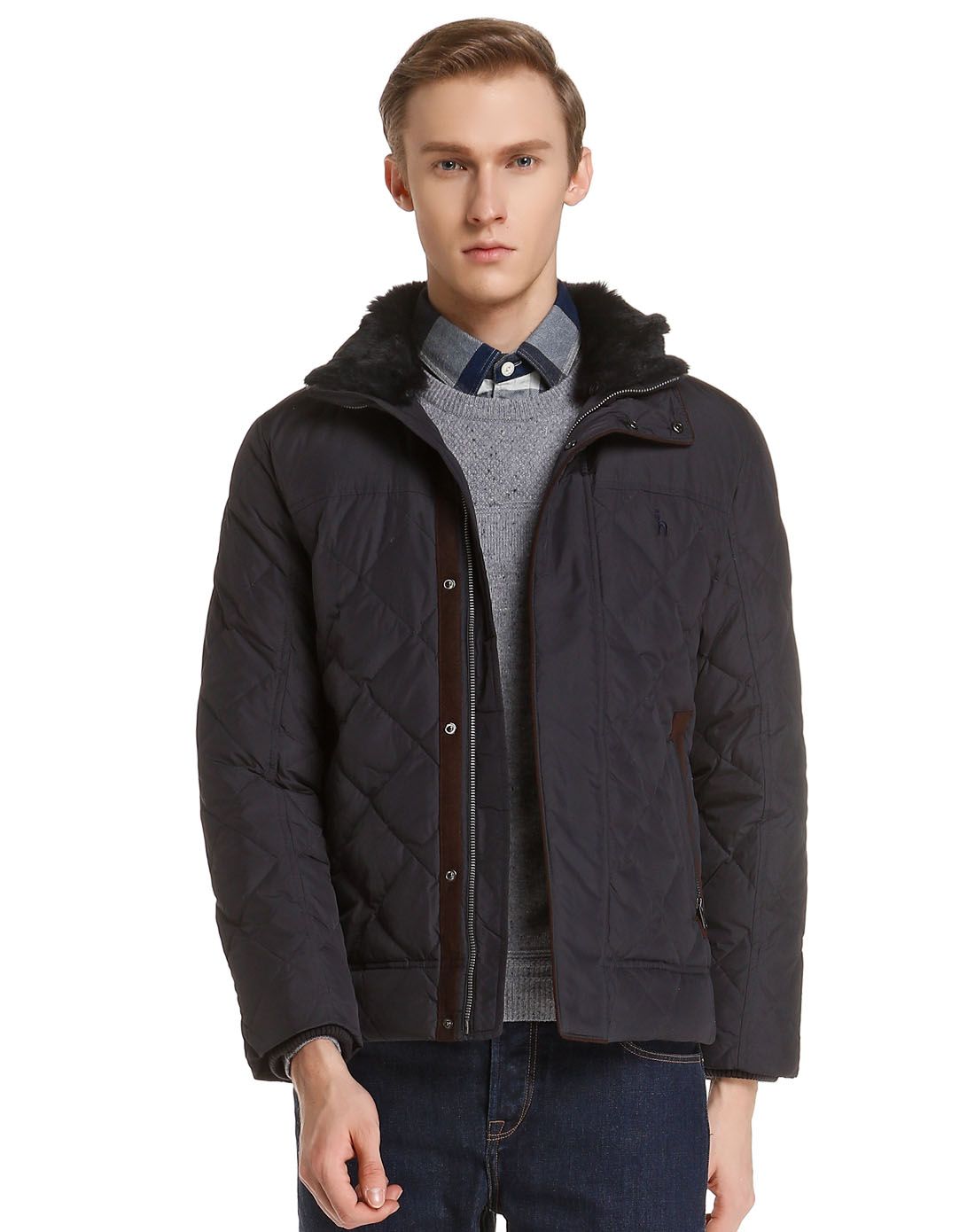 hazzys男装专场 深藏青色商务休闲长袖羽绒服