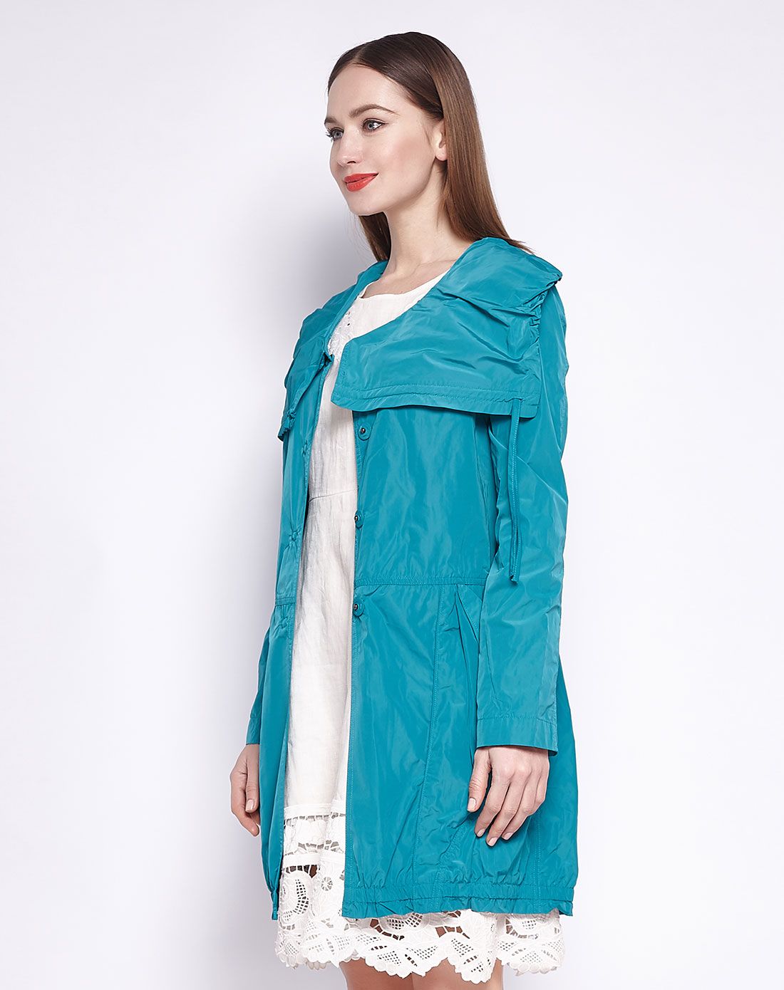 蓝绿色都市潮流长袖长款外套