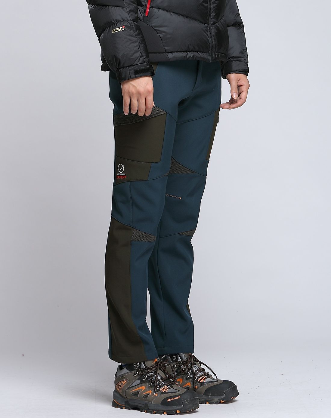 四面弹力 男款蓝绿松色加绒冲锋裤 防雨