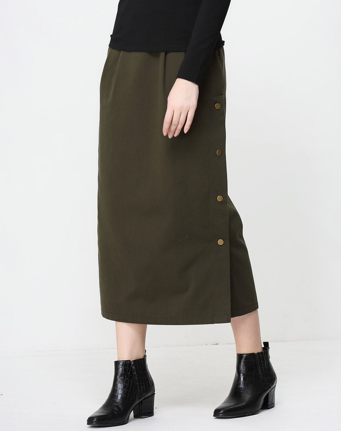 军绿h型显瘦半身长裙