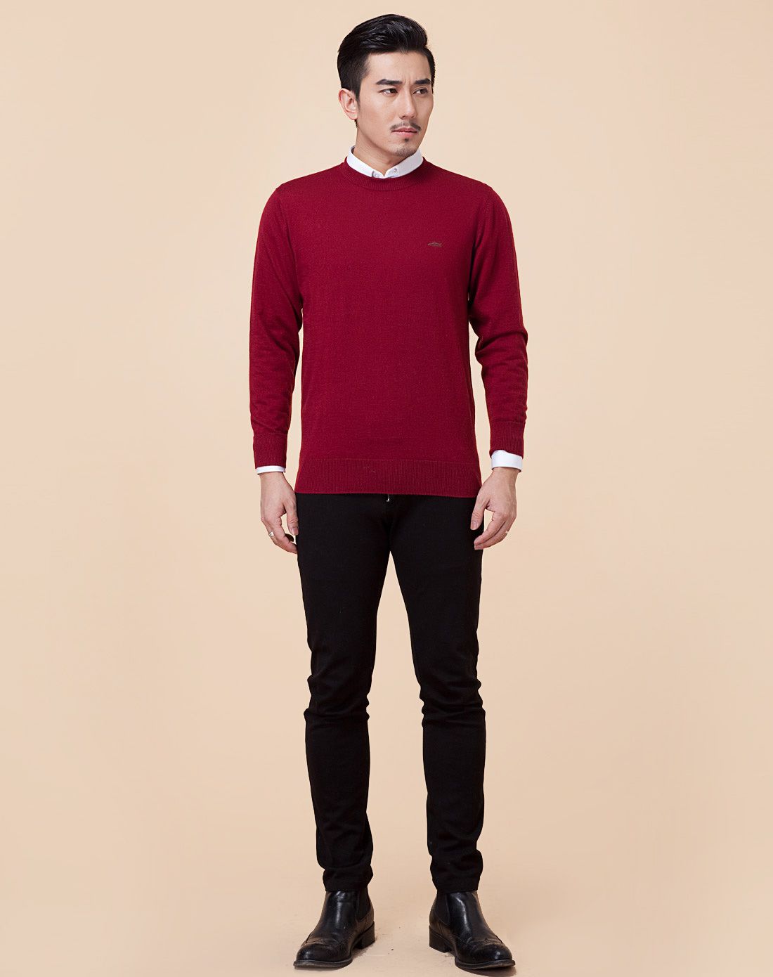 男款圆领酒红色长袖羊绒衫