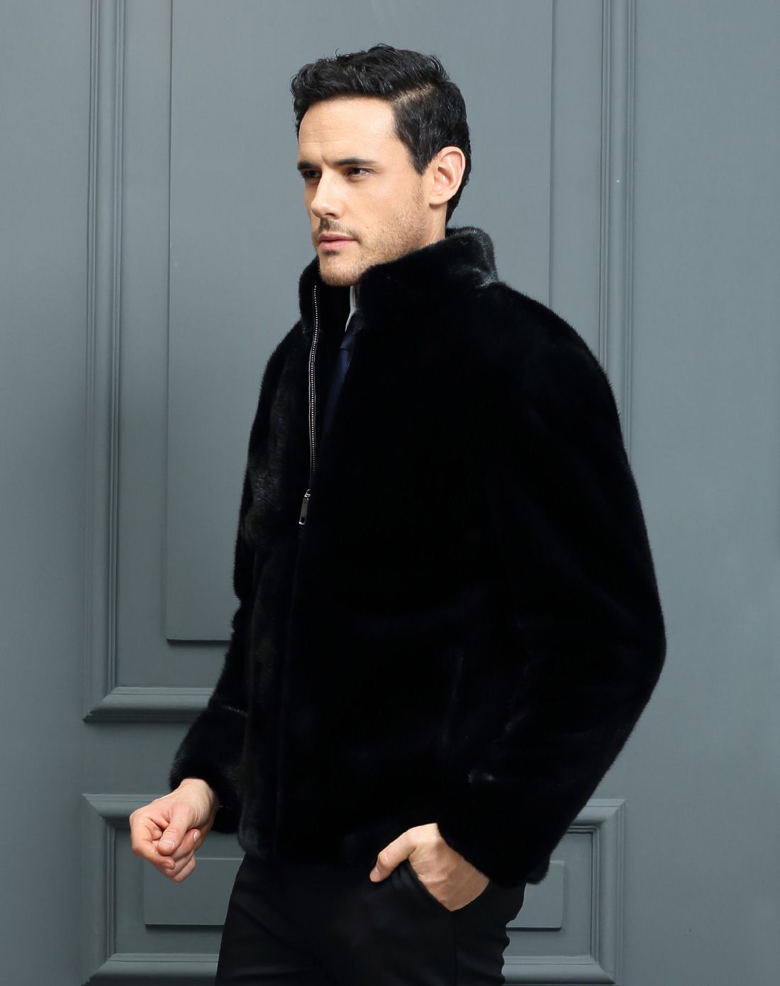 男士黑色立领奢华水貂男装