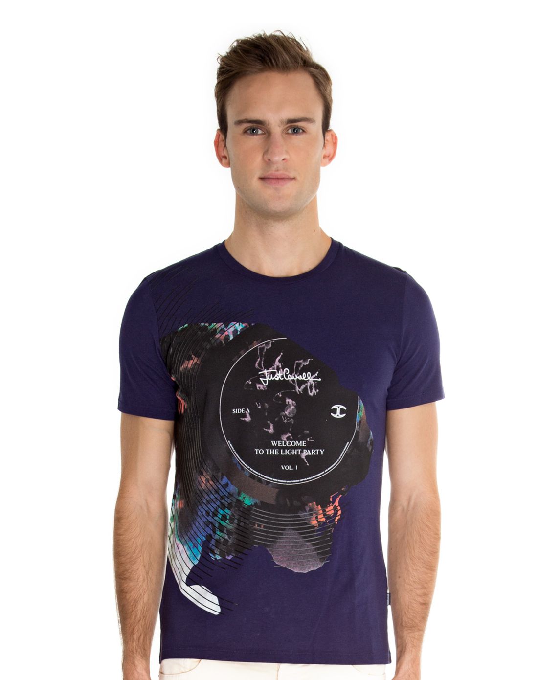 just cavalli男款蓝紫色不规则印花纯棉t恤