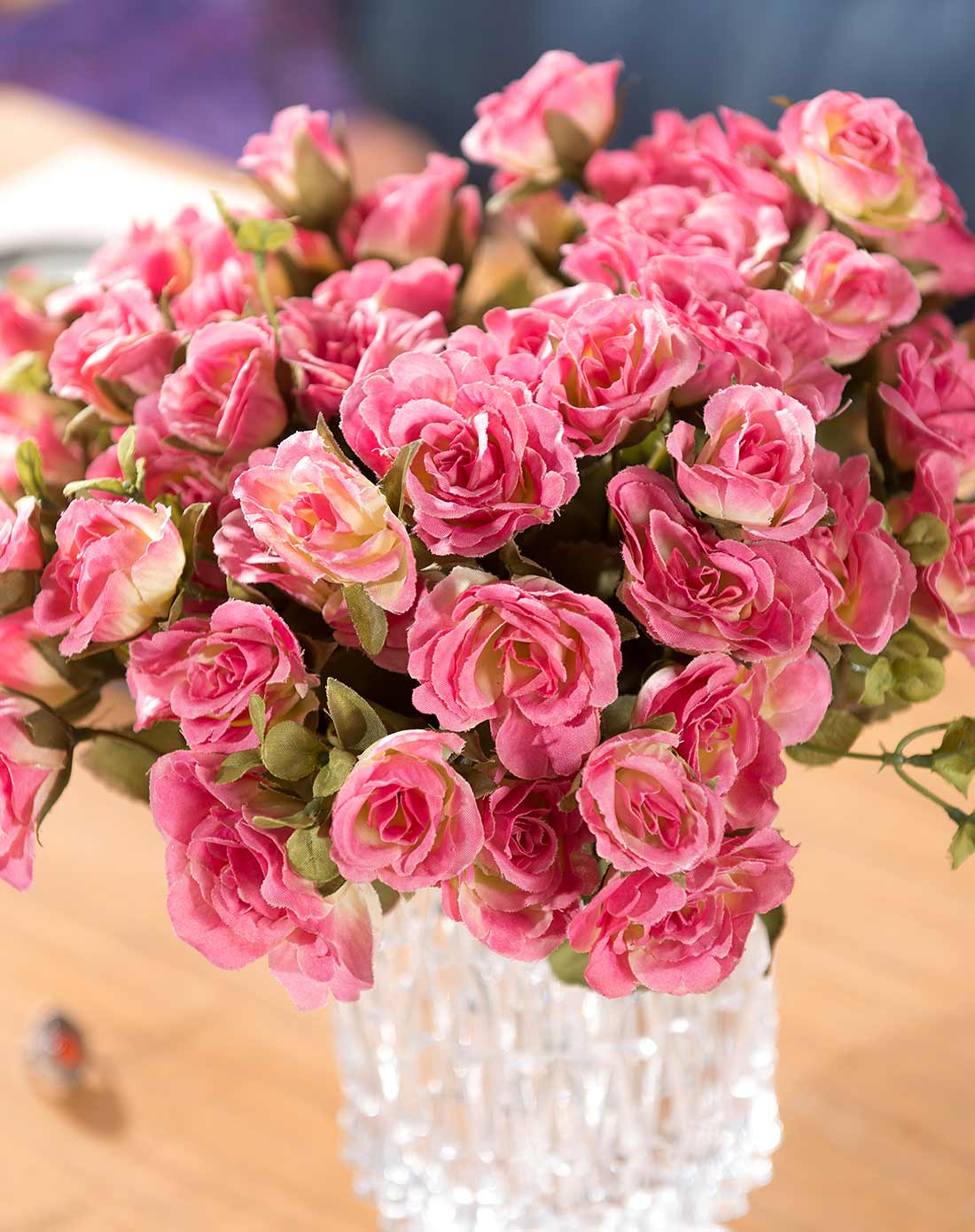 水晶玻璃璀璨花瓶配玛利亚玫瑰花3束 玫红色