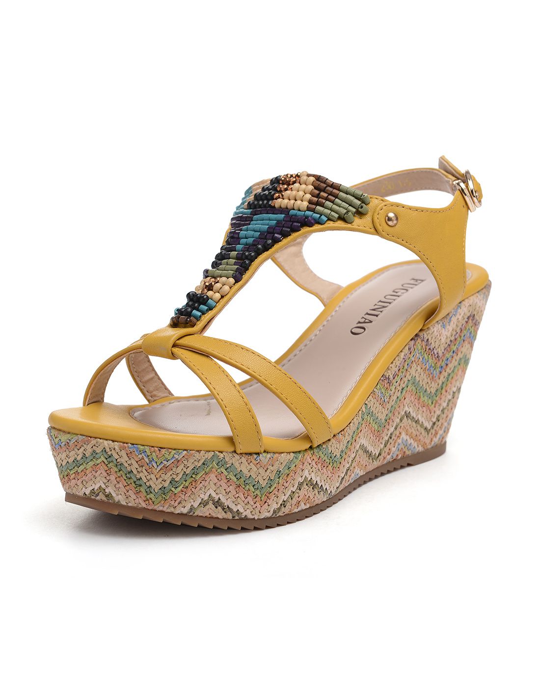 黄色头层牛皮时尚波西米亚风格厚底凉鞋