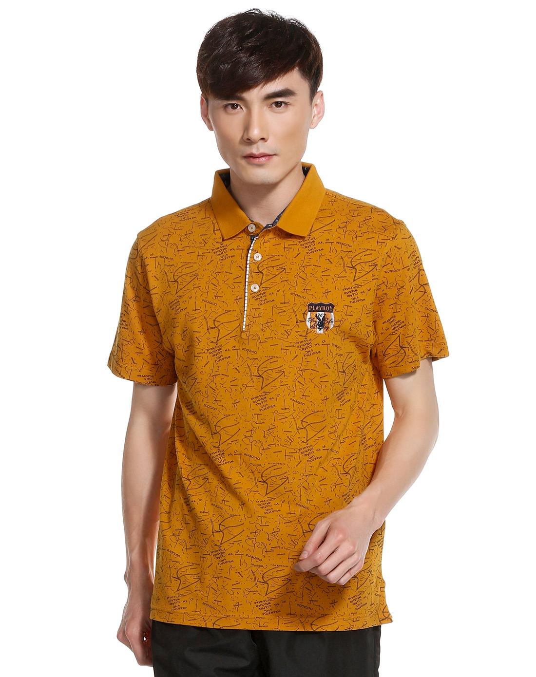 男款金黄色翻领短袖t恤