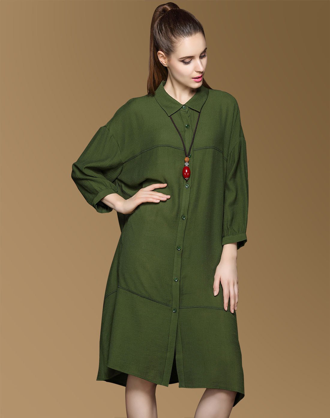 休闲简洁中长款衬衫深绿色