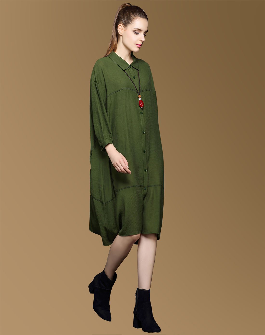 休闲简洁中长款衬衫深绿色