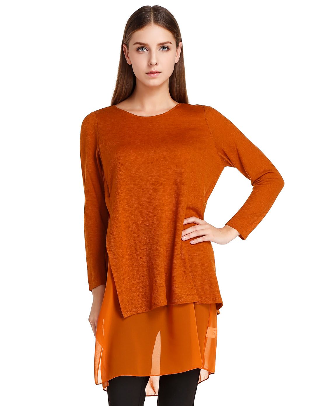 德桑深橙色舒适透气长袖针织上衣