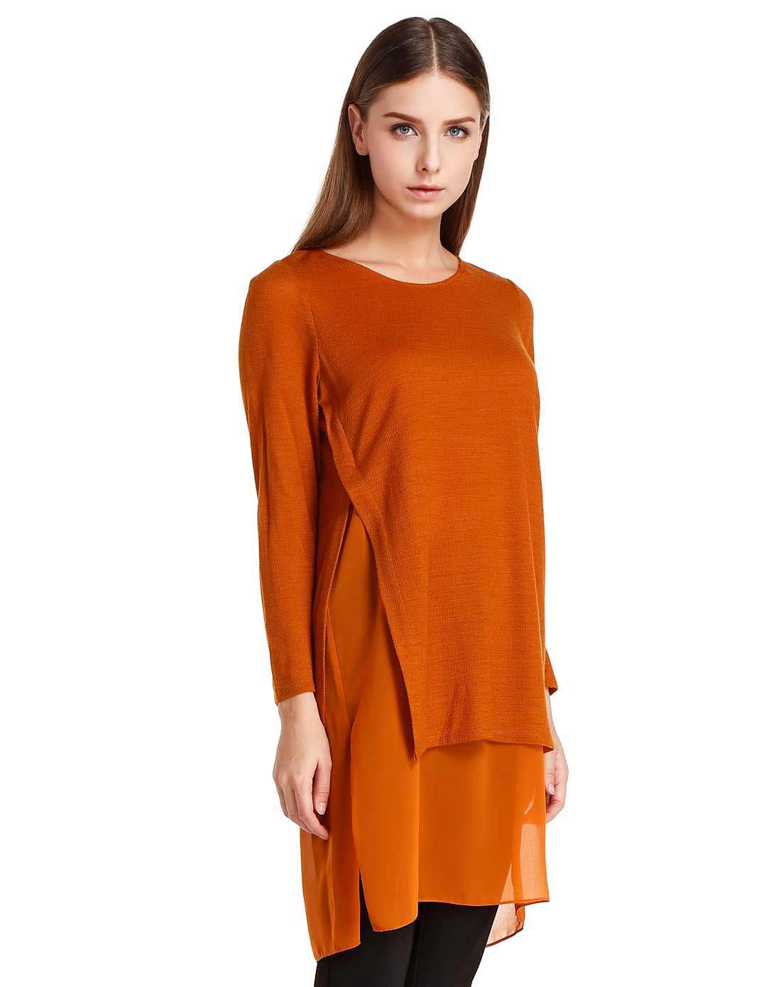德桑深橙色舒适透气长袖针织上衣