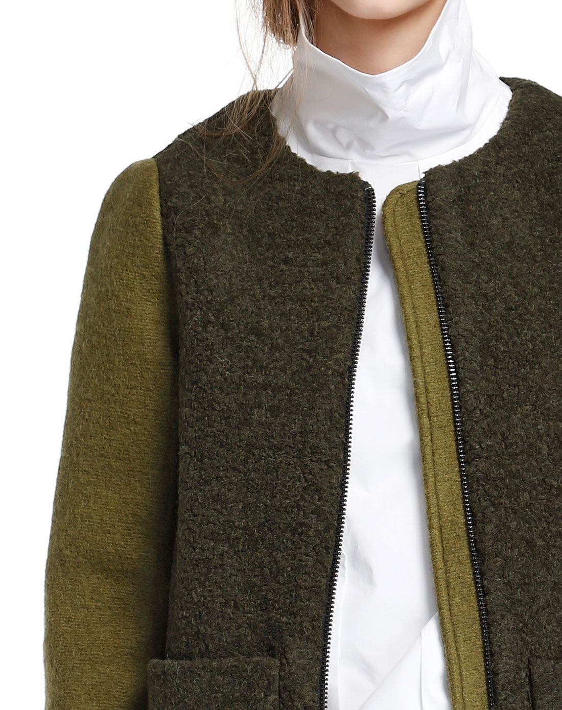 深墨绿色圆领拼接长款长袖大衣