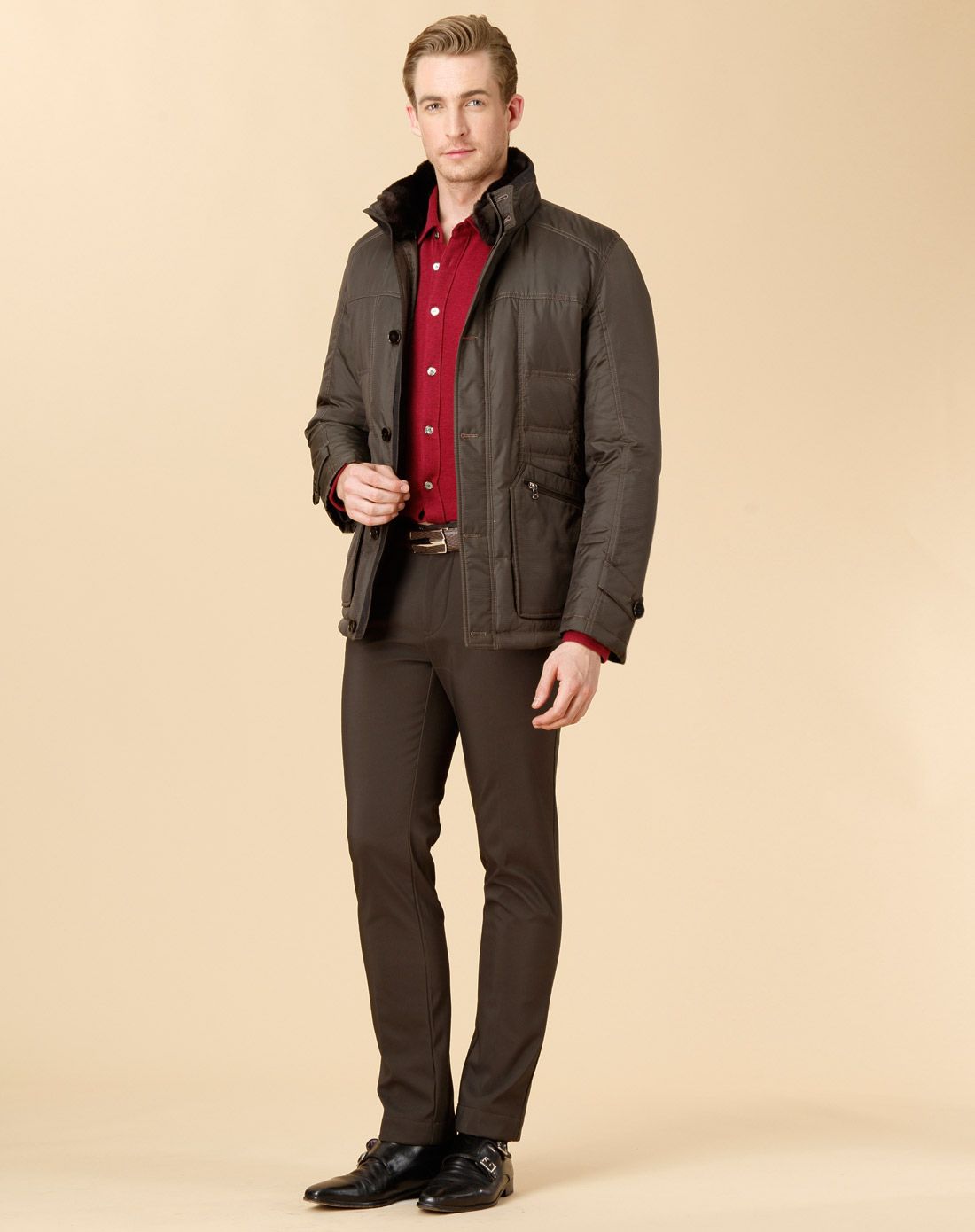 路卡迪龙luka dilong男装专场 啡色兔毛毛领经典大方羽绒服