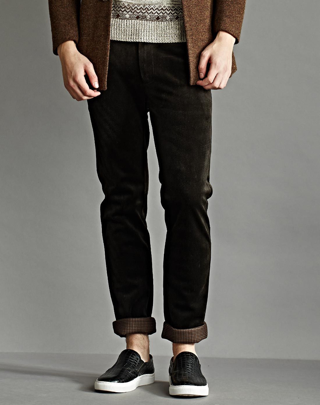 深棕咖色磨毛面料休闲长裤