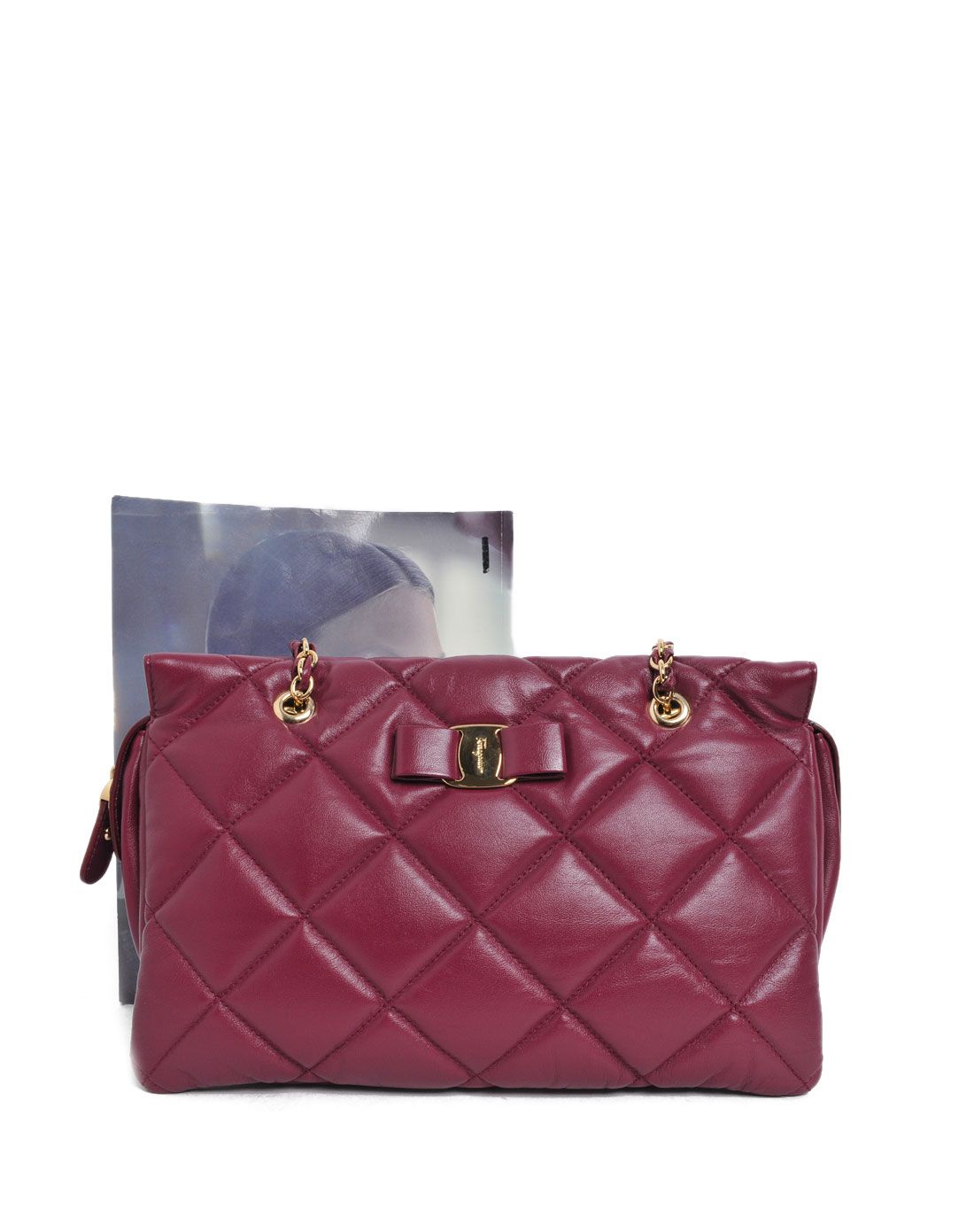 > salvatore ferragamo 女士紫红色菱格金属链条单肩包