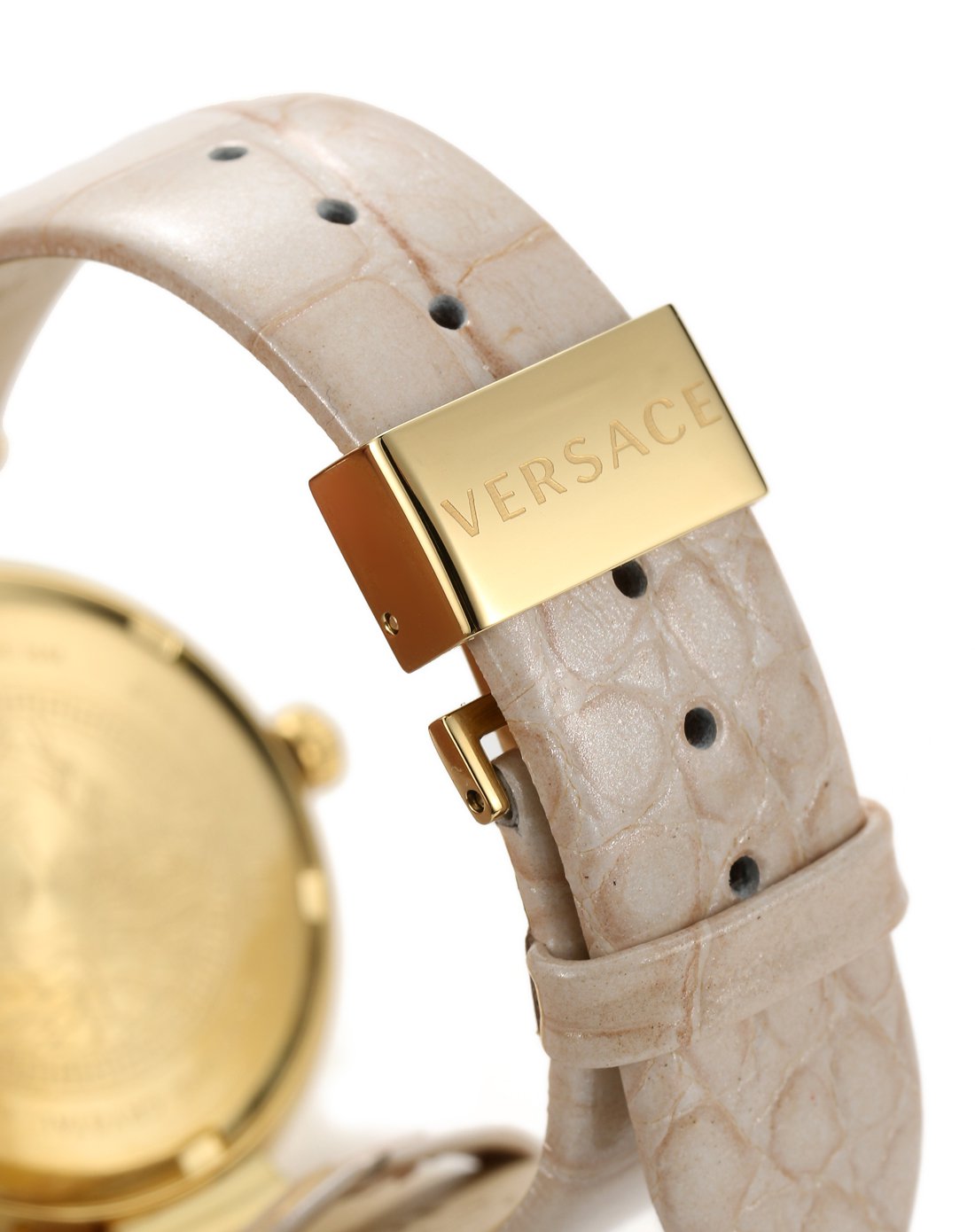 > 范思哲versace女士crystal gleam系列象牙色鳄鱼纹皮带水晶瑞士石英