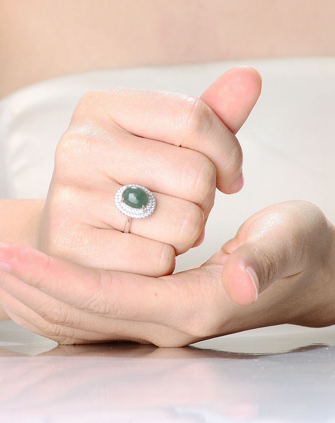 s925精镶天然a货翡翠戴妃款活口戒指