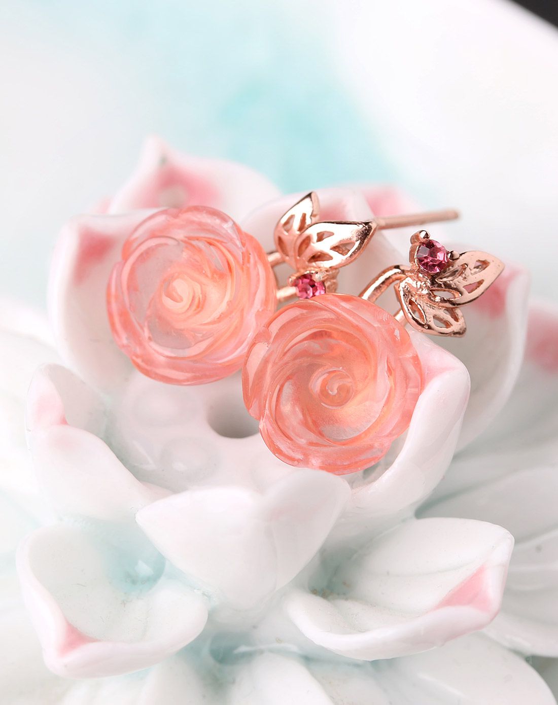 一生一石 925银镶粉水晶玫瑰花耳坠