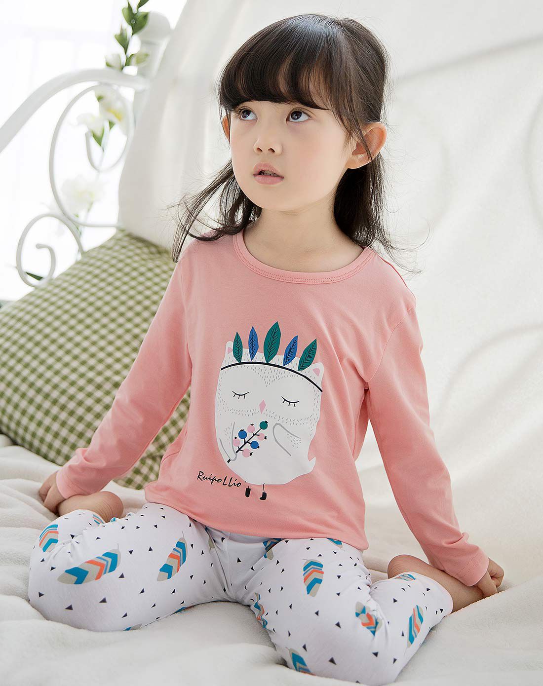 女童粉色猫头鹰内衣套装