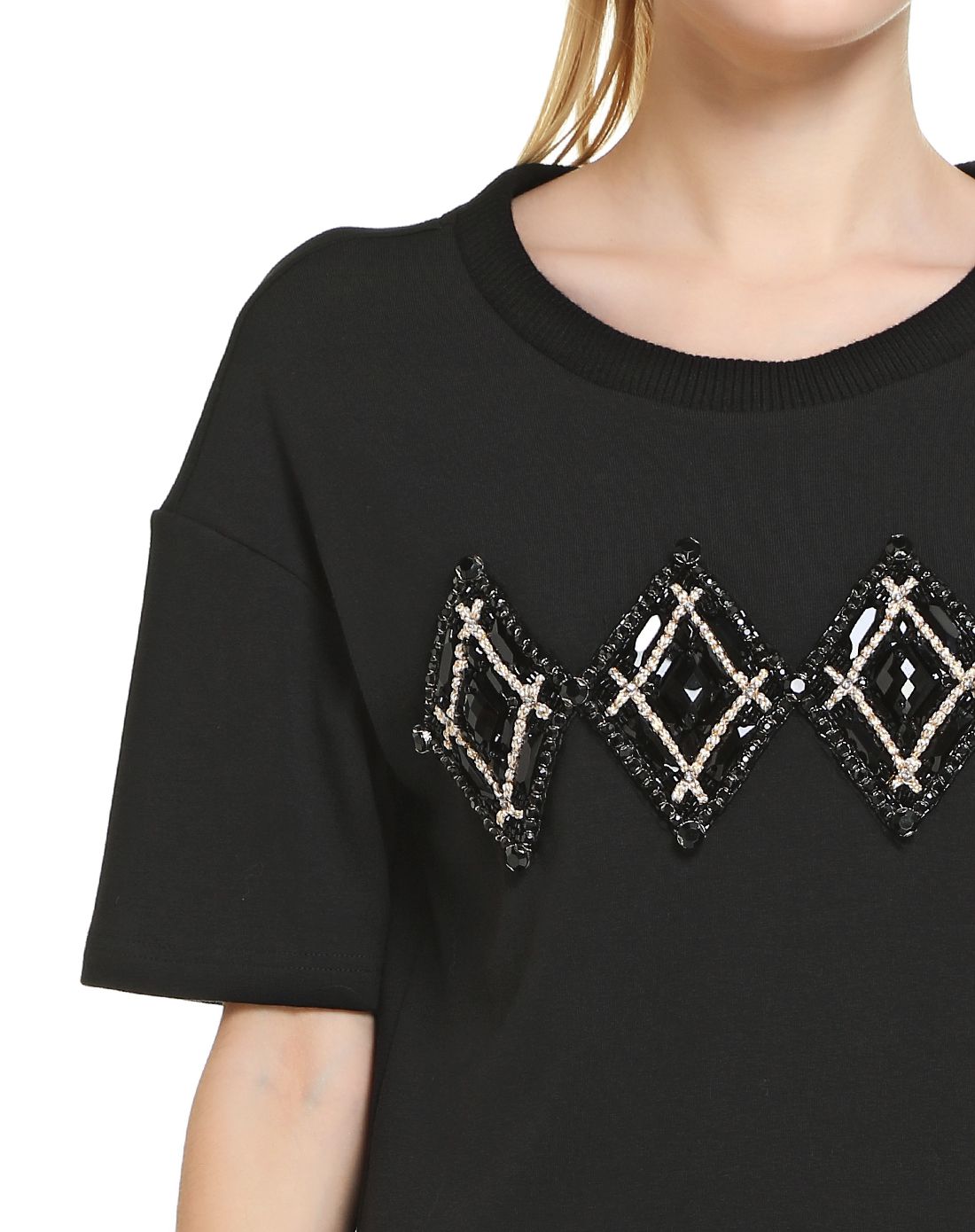 黑色钉珠图案短袖长款上衣