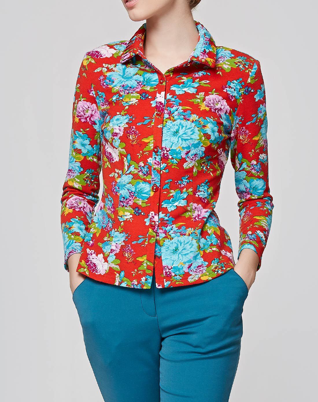 女红兰花花卉针织长袖衬衫