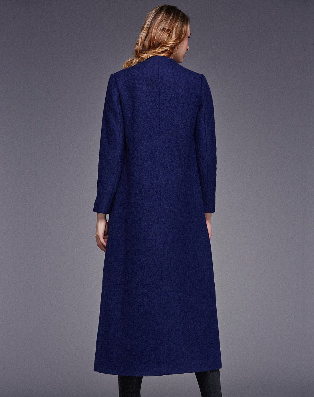 深蓝色欧美修身长款毛呢外套女长袖v领呢子大衣